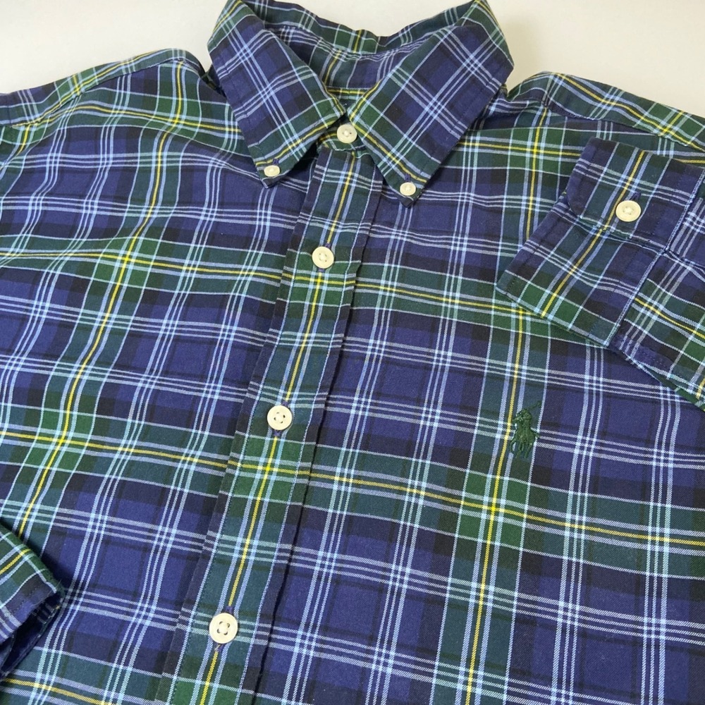 Ralph Lauren Mens‎ M Blue Plaid Button Down Shirt Classic Fit Long Sleeve Flaw